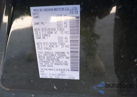 2018 Nissan Pathfinder Sv from USA, damaged, VIN 5N1DR2MN4JC646856